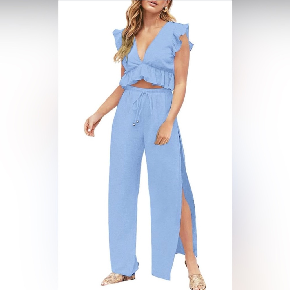 Wide Leg Side Slit Pants Blue Small